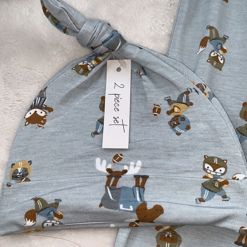 NWT Milkberry Animal Football Gray Footie w/ Beanie Hat Set 6-9M Bamboo